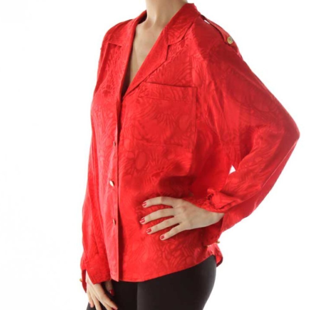 Oleg Cassini Red Printed Buttoned Blouse - Picture 2 of 3